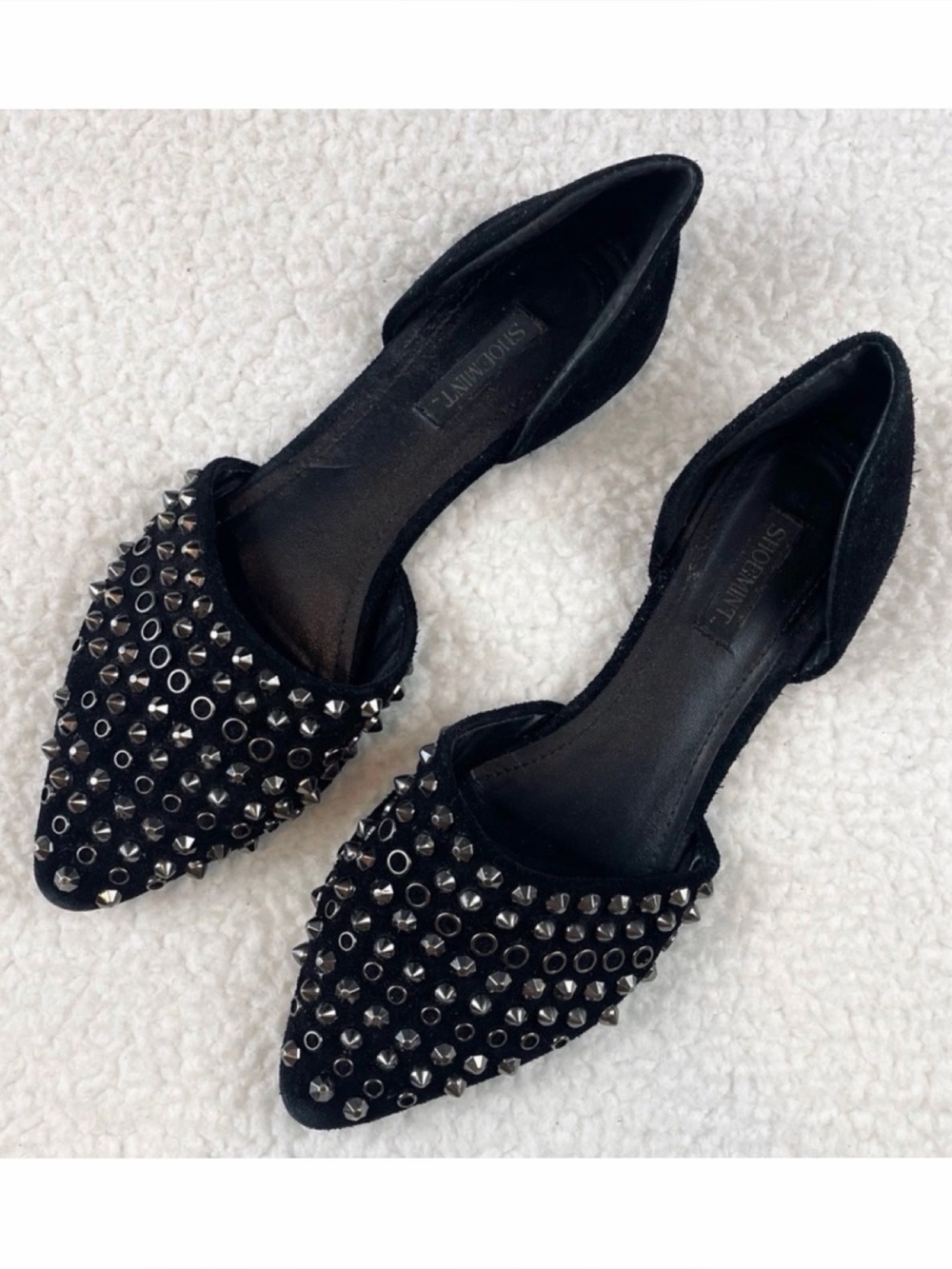 SHOEMINT • Cameron Black Suede Studded Pointed-Toe Flats, 7